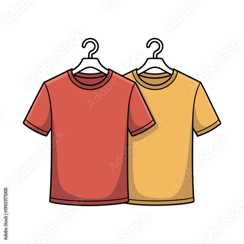 Two colorful t-shirts hanging on hangers against a white background