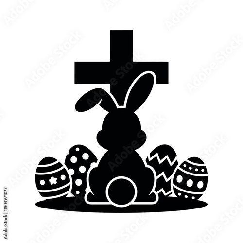 A black silhouette of an Easter bunny with eggs and a cross on a white background