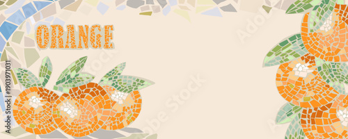 Banner with orange mosaic. Wall art. Mosaic with oranges. Vector, isolated, hand placed. Joyful and interesting with word “Orange” in mosaic as well. 