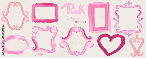 Acrylic, oil texture frames in pink. Hand drawn with brush texture. Vector, isolated. Romantic and artistic