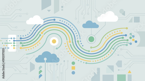 Modern cloud computing concept with flowing data streams