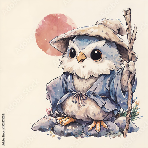 Cute owl wizard character in blue robe holding wooden staff