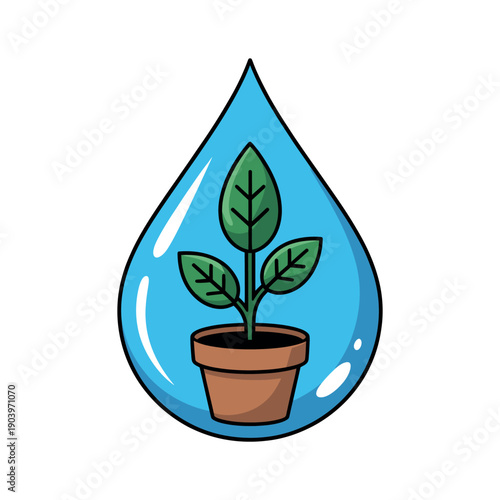 A cartoon illustration of a plant growing inside a water droplet