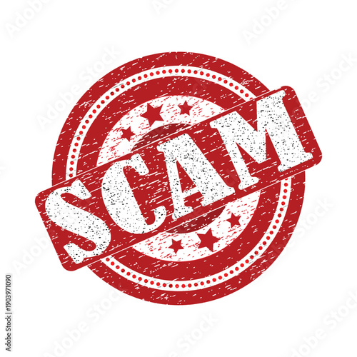 Red scam stamp on white background for alerting fraudulent activity