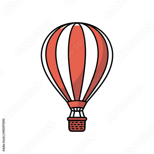 A colorful cartoon hot air balloon soaring through a clear blue sky
