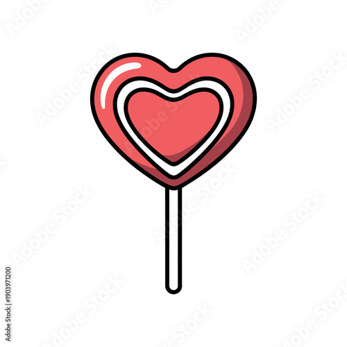 A cartoon illustration of a red heart-shaped lollipop on a white background