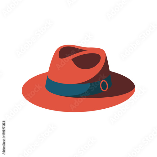 A stylish red fedora hat with a blue band on a white background