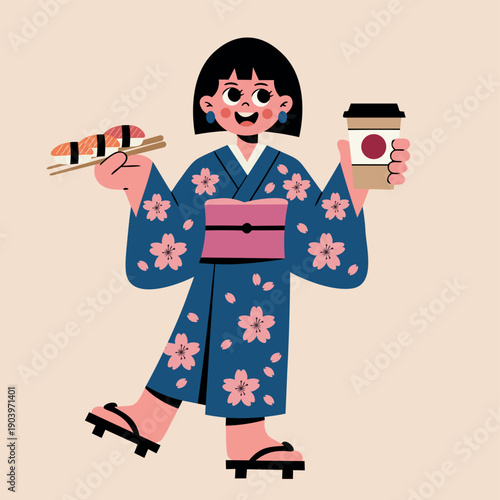 Cheerful vector illustration of a japanese woman in a kimono, happily holding sushi and a cup of coffee, blending tradition with modern life