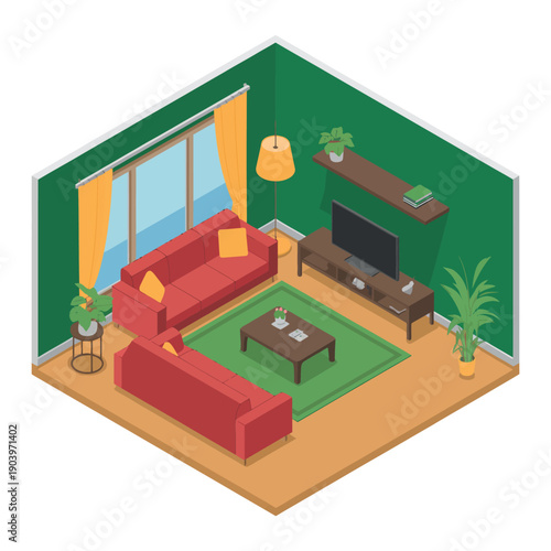 A cozy living room with green walls and a large window overlooking the ocean