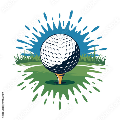 A golf ball sits on a tee in a vibrant green field with a blue sky background.