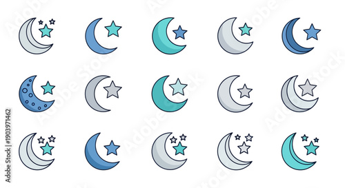 Minimalist Blue Crescent Moon and Star Icons Set for Night Sky and Ramadan Design