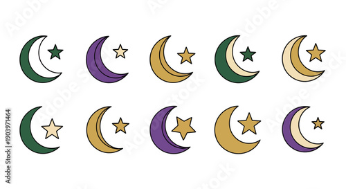 Crescent Moon and Star Icon Set for Ramadan and Islamic Holidays
