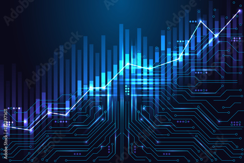 AI Financial Growth Chart over Digital Circuit Board. Data Economy and Future Market Technology