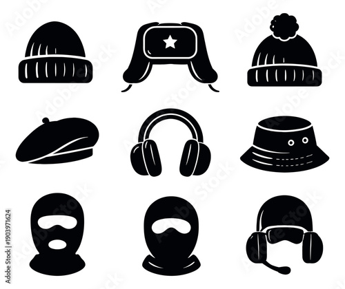 Silhouette headwear icon set featuring various hats, headphones, and balaclavas for apparel and accessory designs