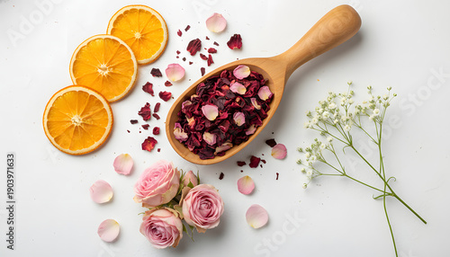 Wallpaper Mural Vibrant herbal dried rose tea ingredients on wooden spoon Torontodigital.ca