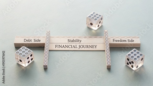 Financial Journey with Stability Between Debt and Freedom Represented by Dice on a Light Background