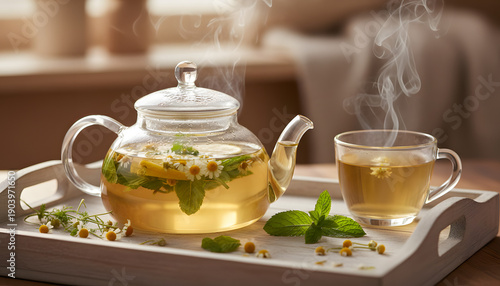 Wallpaper Mural Steaming herbal tea in a glass teapot and cup Torontodigital.ca