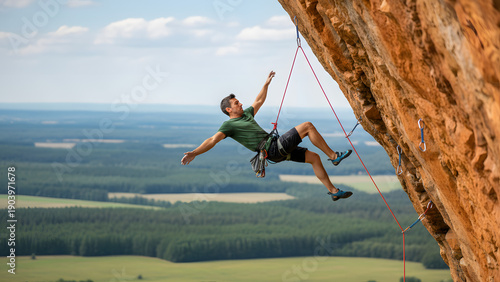 Wallpaper Mural Man rock climbing on a steep cliff with a scenic view Torontodigital.ca