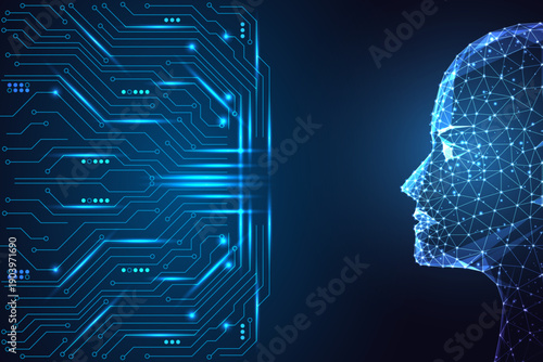 Digital AI face with glowing wireframe and circuit board, machine learning and cyber intelligence