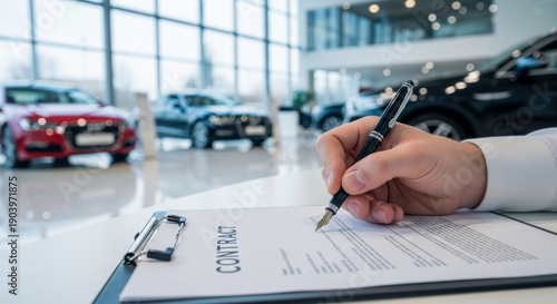 Man signs a contract on a clipboard in a car dealership showroom. Business transaction for auto purchase. Legal document agreement. Car purchase process.