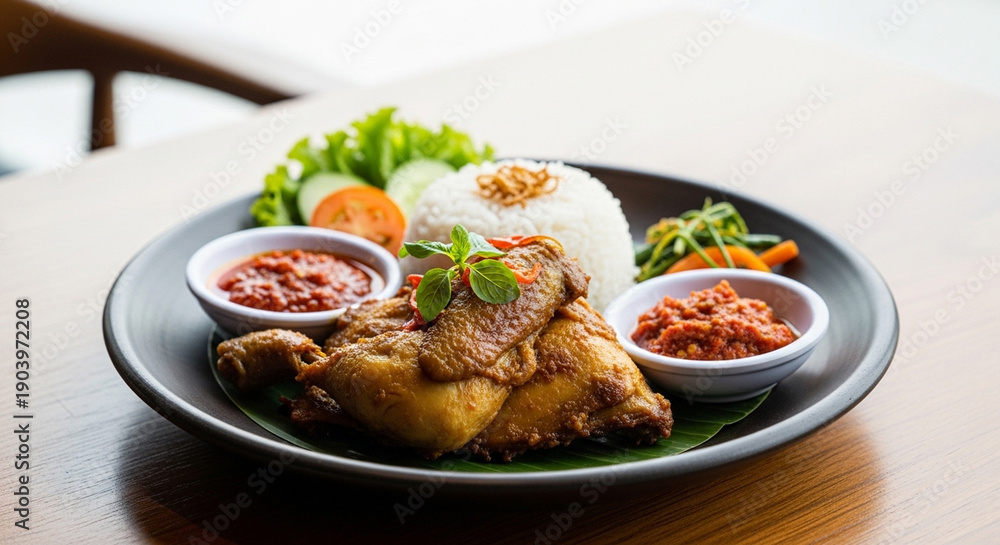 Fototapeta premium Delicious Indonesian Nasi Ayam with Sambal and Rice on a Black Plate.