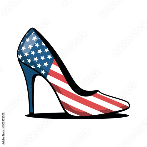 An American flag high heel shoe on a white background with patriotic style