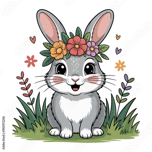 A cute cartoon rabbit wearing a flower crown in a grassy field with colorful flowers