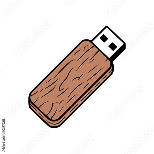 A cartoon-style illustration of a wooden USB flash drive on a white background