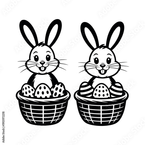 Two cartoon bunnies sitting in baskets filled with Easter eggs on a white background