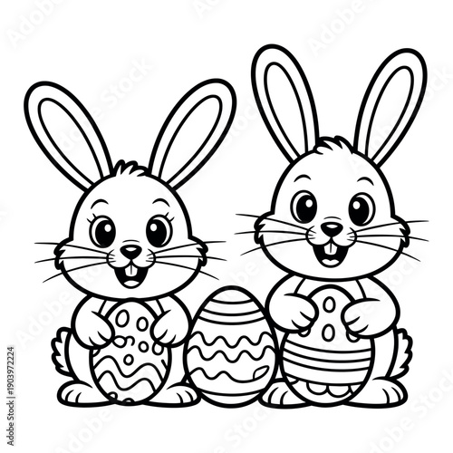 Two happy cartoon bunnies holding decorated Easter eggs on a white background