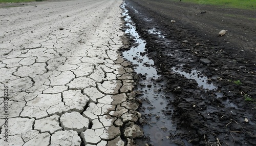 Realistic educational image split in half: left side shows dry cracked hard soil, right side shows the same soil becoming dark and wet from rainwater soaking in