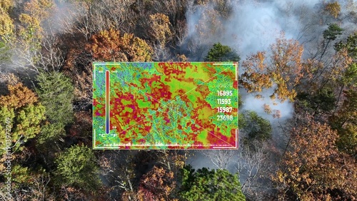 Drone using a thermal camera heat detection to help firefighters fight wildfires. Graphic
