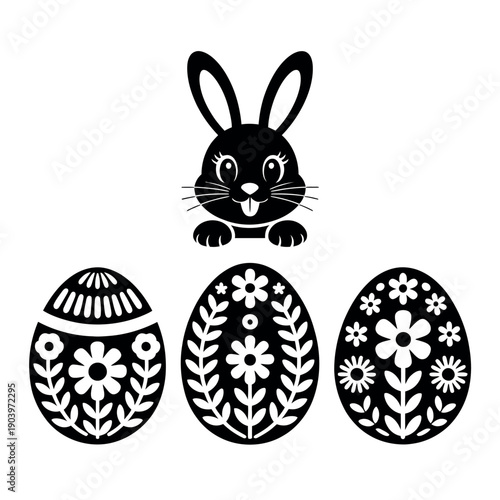 A black and white illustration of Easter eggs and a bunny for holiday decoration