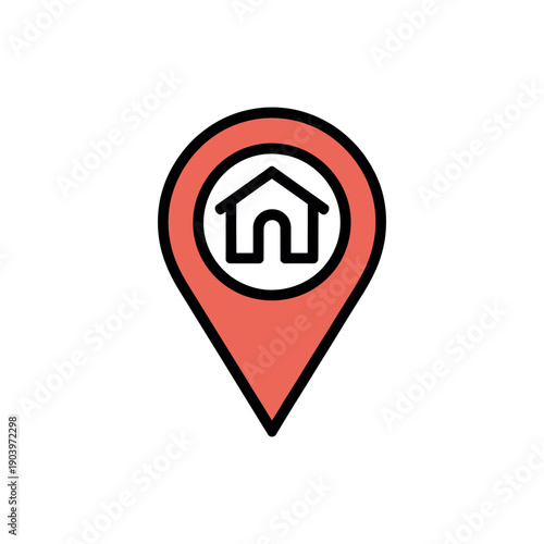 A simple red map pin icon with a house symbol on a white background