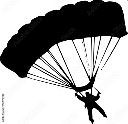 Black silhouette vector of skydiver hanging under open parachute canopy, suspension lines visible, minimal flat design, isolated on light background