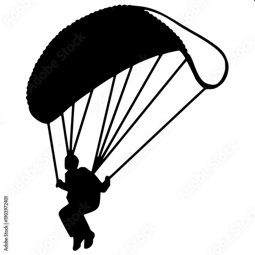 Black silhouette vector of skydiver hanging under open parachute canopy, suspension lines visible, minimal flat design, isolated on light background