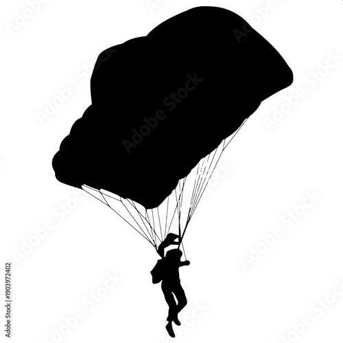 Black silhouette vector of skydiver hanging under open parachute canopy, suspension lines visible, minimal flat design, isolated on light background