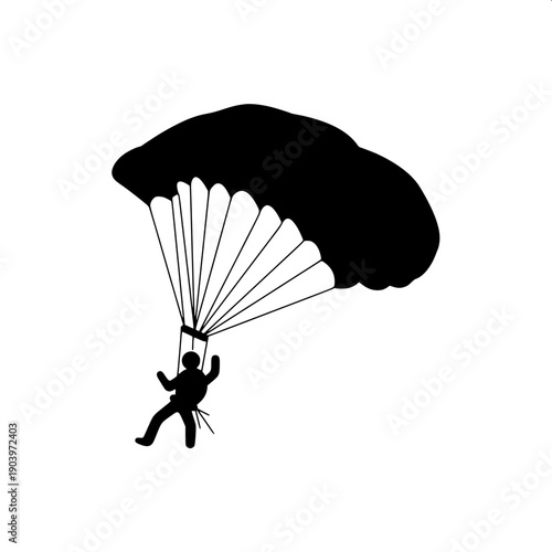 Black silhouette vector of skydiver hanging under open parachute canopy, suspension lines visible, minimal flat design, isolated on light background