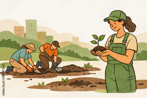 Diverse team planting seedlings in urban garden with city skyline background