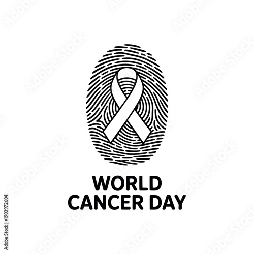 A World Cancer Day logo with a fingerprint and a white ribbon on a plain background