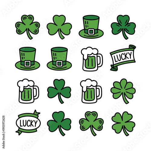 A festive illustration of St. Patrick's Day symbols, including shamrocks and beer.