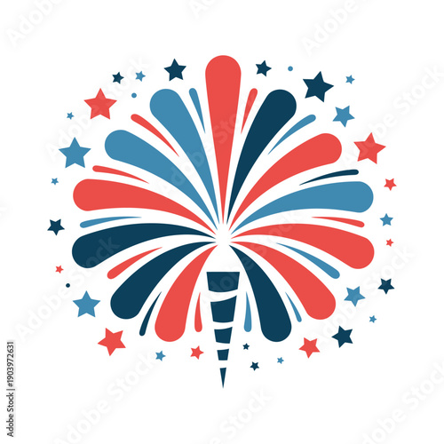 A colorful graphic illustration of a firework explosion with stars on a white background