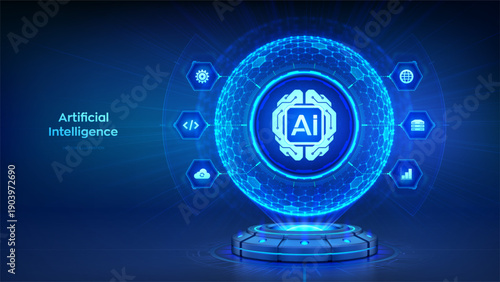 Artificial intelligence technology concept. Digital brain inside holographic sphere with a hexagonal pattern. AI Brain chip. Machine Learning. Neural networks. Big data analysis. Vector illustration.