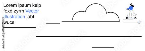 Transportation, eco-friendly travel, urban lifestyle, clean energy, commuting, minimalistic designs. A person riding an electric scooter under a cloud. Eco-friendly travel and urban lifestyle concept