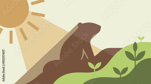 Serene bear sitting on hill with green plants under sunny sky