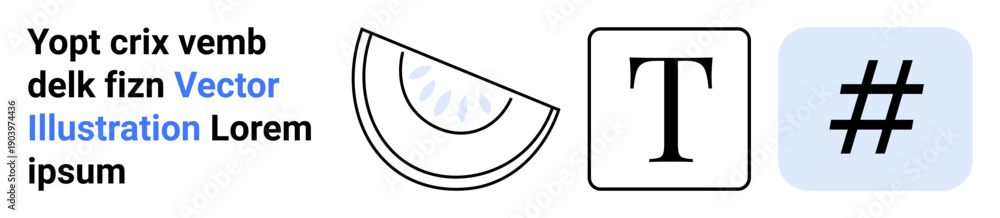 Obraz premium Watermelon slice, uppercase letter T, and metadata tag symbol in blue square. Ideal for abstract art, minimalism, education, social media, communication, branding and simple landing page