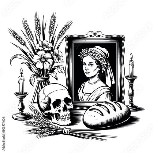 A still life illustration featuring a skull, bread, and a portrait of a woman
