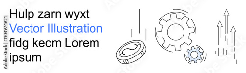 Business strategy, economic growth, technological innovation, financial success, industrial progress, productivity tips. Gears, upward arrows and coin graphics. Business strategy and economic growth