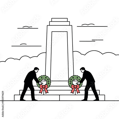 Two men in suits placing wreaths at a memorial monument on a cloudy day