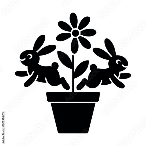 A playful black and white illustration of two rabbits running around a flower pot